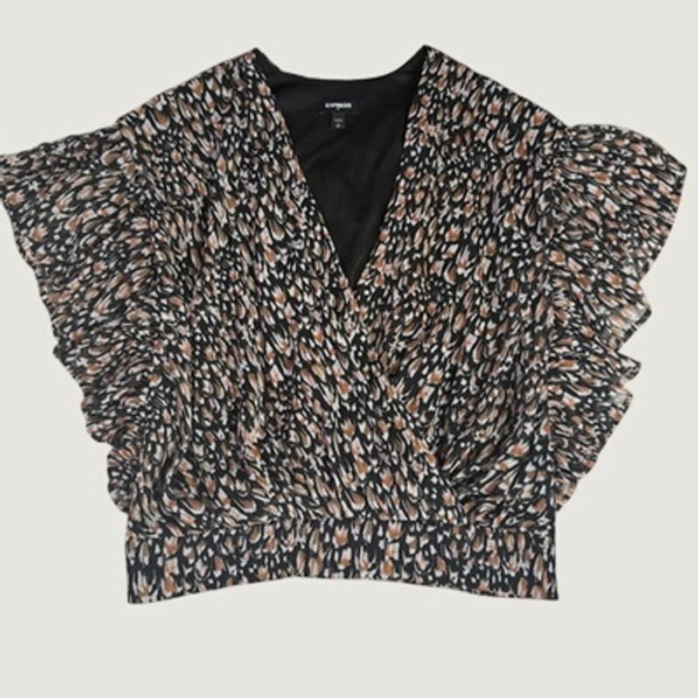 Express Womens Sz S Surplice Flutter Sleeve Blouse Abstract Animal Print V-Neck